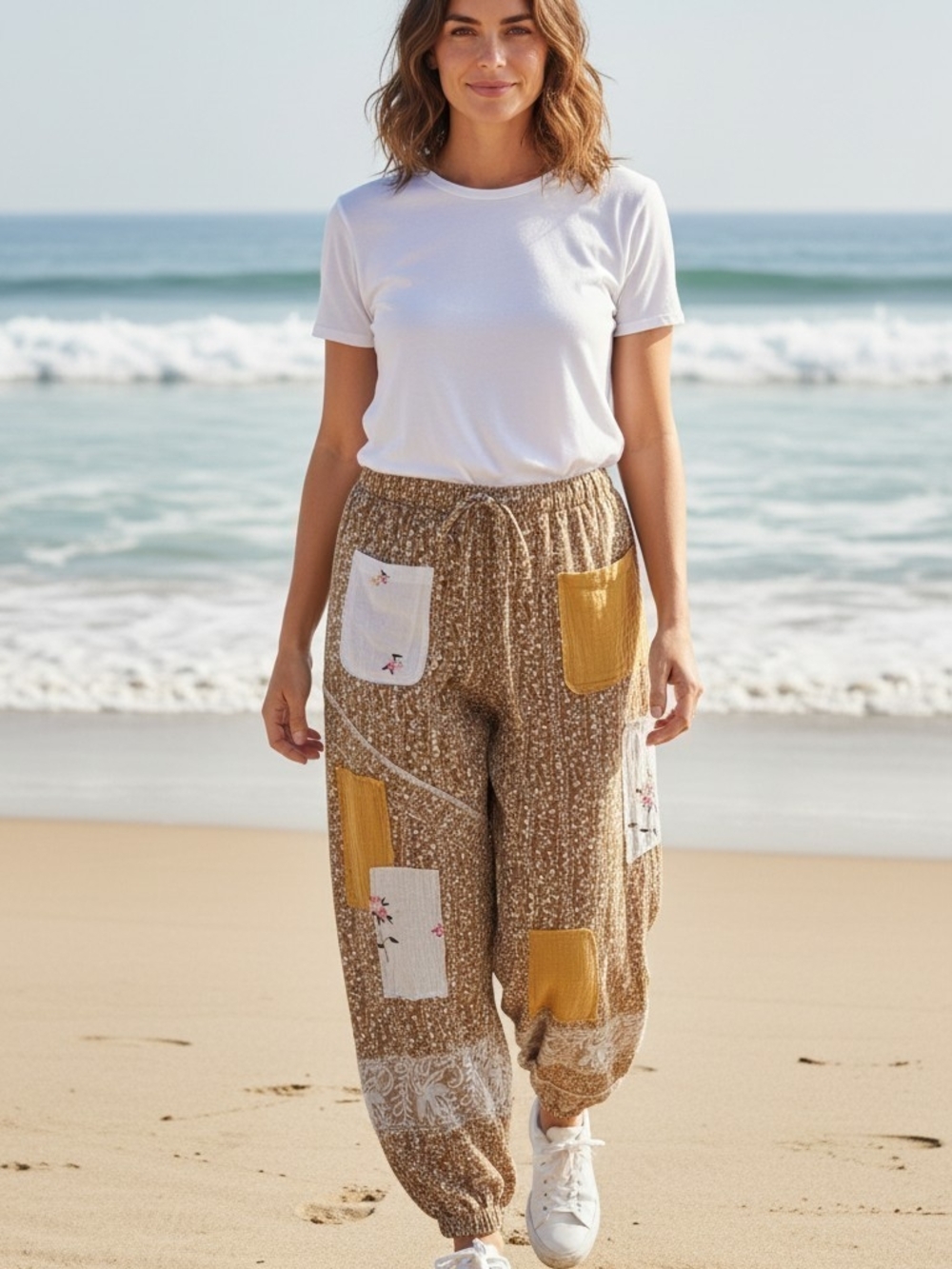 POL Embroidered Patchwork Drawstring Jogger Pants